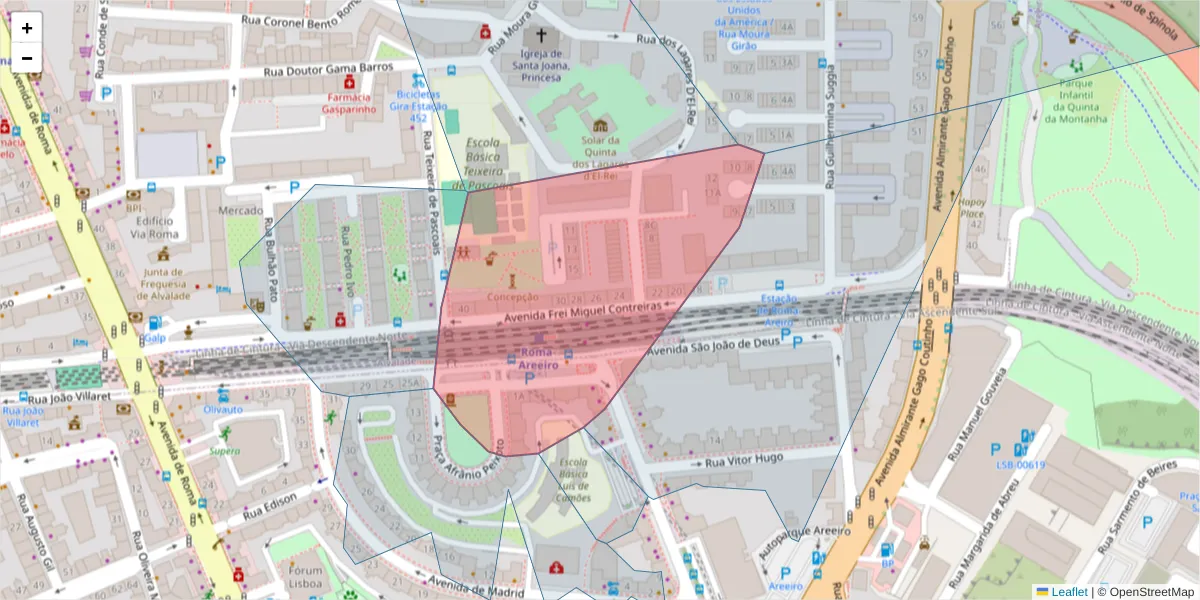 Mapa detalhado do código postal 1000-009 com limites, códigos postais vizinhos e agências dos correios