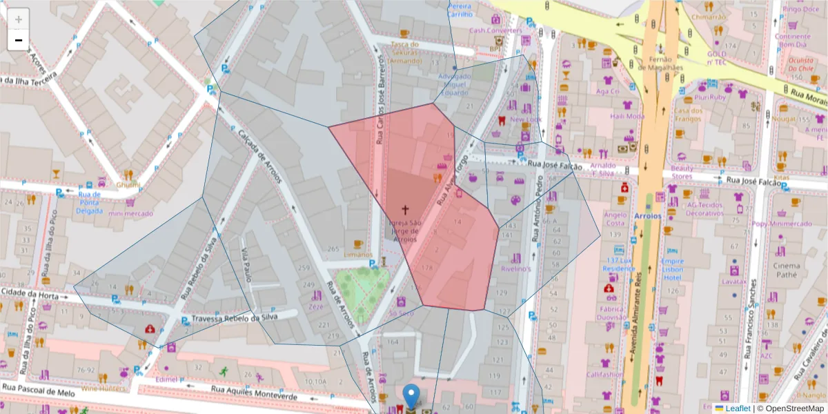 Mapa detalhado do código postal 1000-032 com limites, códigos postais vizinhos e agências dos correios