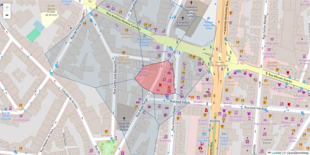 Mapa detalhado do código postal 1000-034 com limites, códigos postais vizinhos e agências dos correios