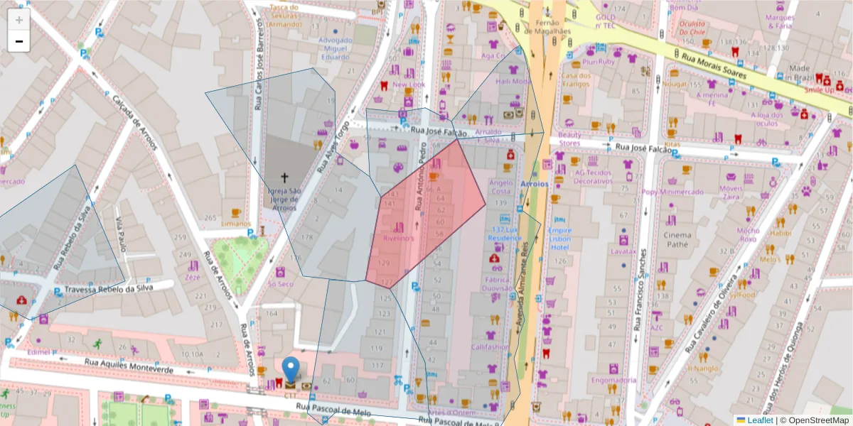 Mapa detalhado do código postal 1000-039 com limites, códigos postais vizinhos e agências dos correios