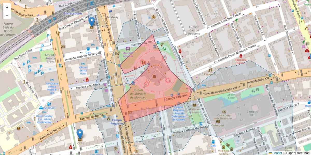 Mapa detalhado do código postal 1000-082 com limites, códigos postais vizinhos e agências dos correios