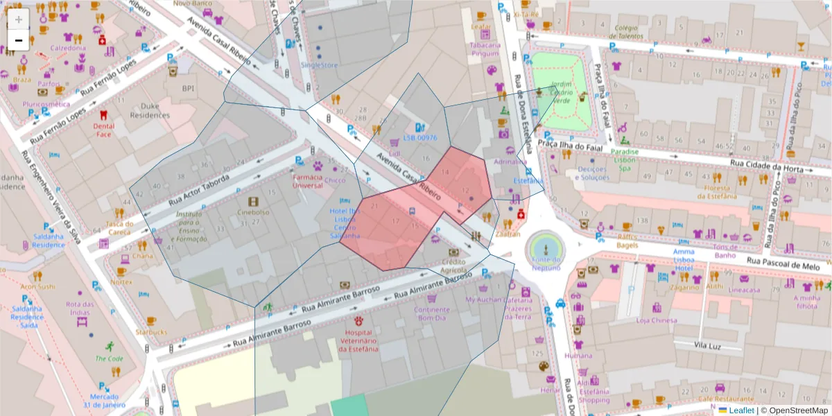 Mapa detalhado do código postal 1000-092 com limites, códigos postais vizinhos e agências dos correios