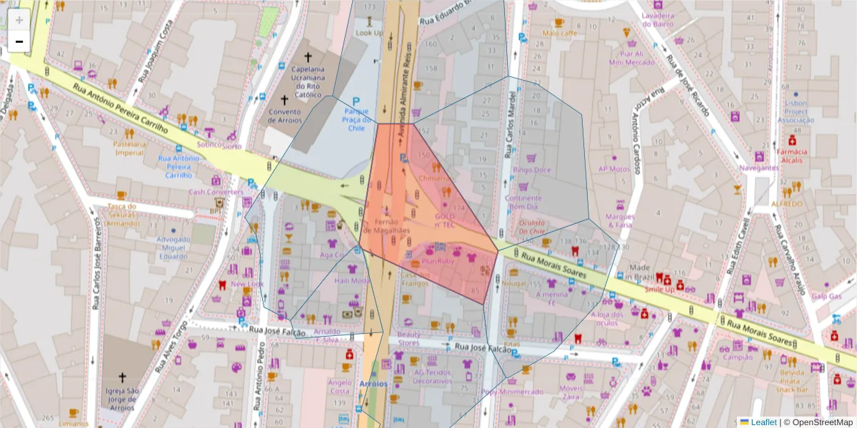 Mapa detalhado do código postal 1000-098 com limites, códigos postais vizinhos e agências dos correios