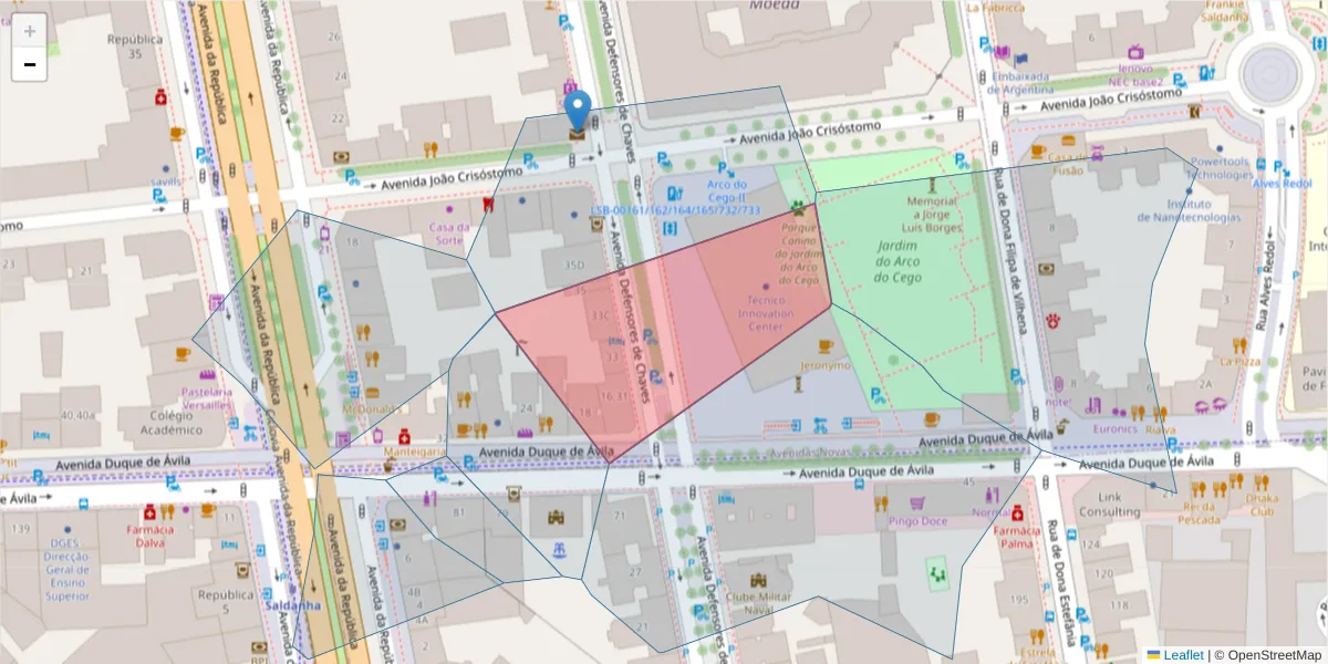 Mapa detalhado do código postal 1000-111 com limites, códigos postais vizinhos e agências dos correios