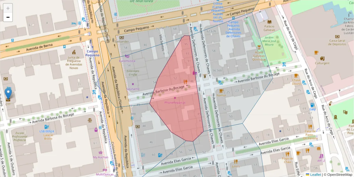 Mapa detalhado do código postal 1000-121 com limites, códigos postais vizinhos e agências dos correios