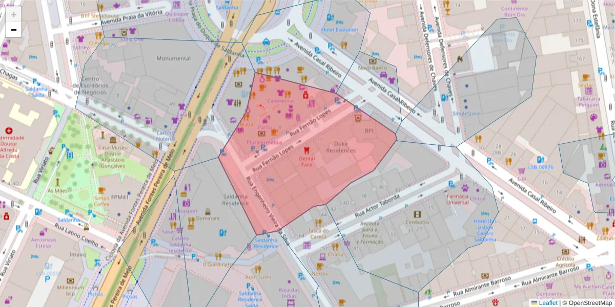 Mapa detalhado do código postal 1000-132 com limites, códigos postais vizinhos e agências dos correios