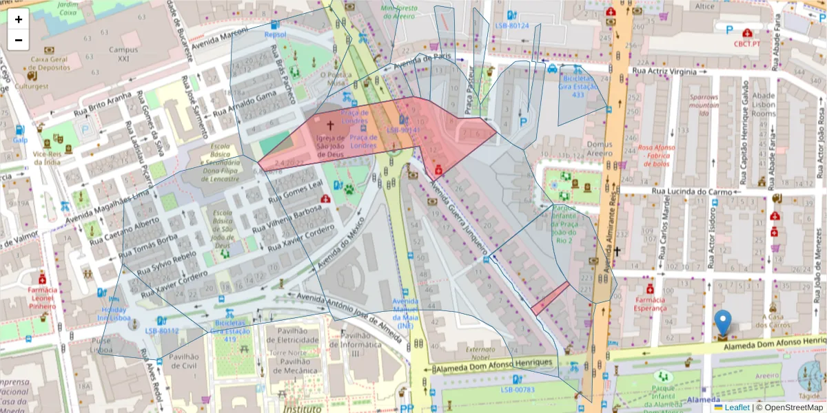 Mapa detalhado do código postal 1000-167 com limites, códigos postais vizinhos e agências dos correios