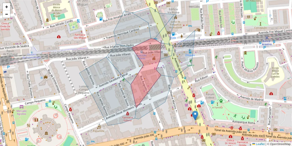 Mapa detalhado do código postal 1000-182 com limites, códigos postais vizinhos e agências dos correios