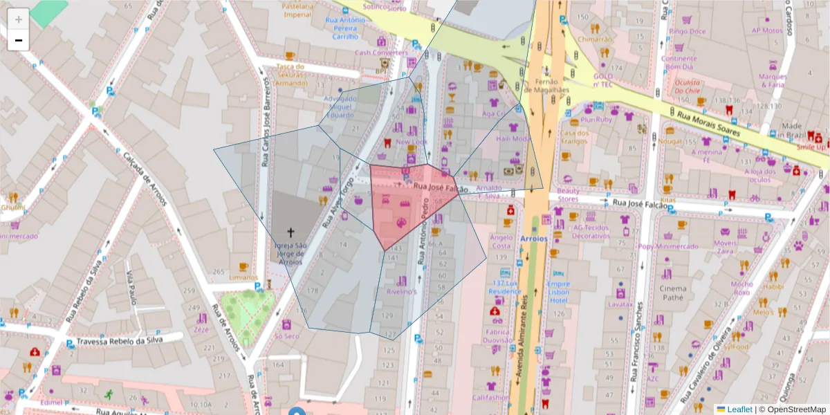 Mapa detalhado do código postal 1000-184 com limites, códigos postais vizinhos e agências dos correios