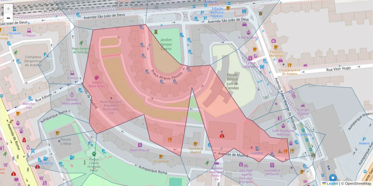 Mapa detalhado do código postal 1000-196 com limites, códigos postais vizinhos e agências dos correios