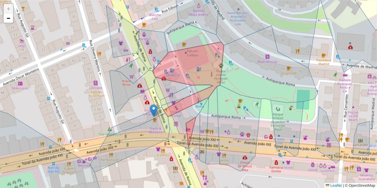 Mapa detalhado do código postal 1000-265 com limites, códigos postais vizinhos e agências dos correios