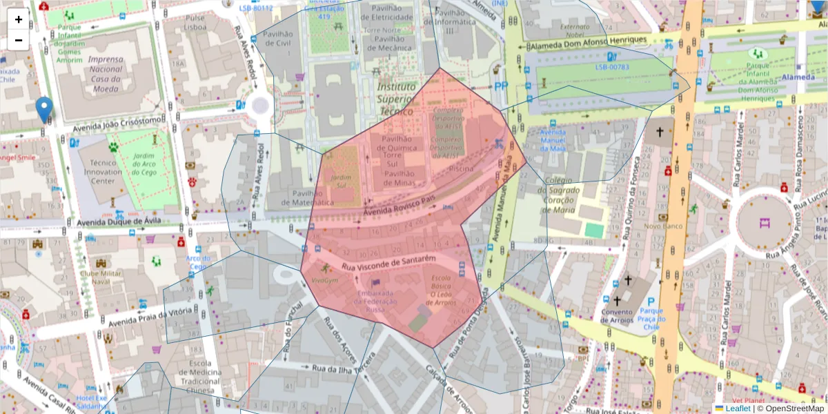 Mapa detalhado do código postal 1000-268 com limites, códigos postais vizinhos e agências dos correios