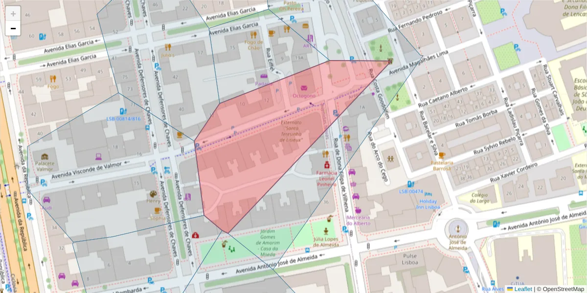 Mapa detalhado do código postal 1000-289 com limites, códigos postais vizinhos e agências dos correios