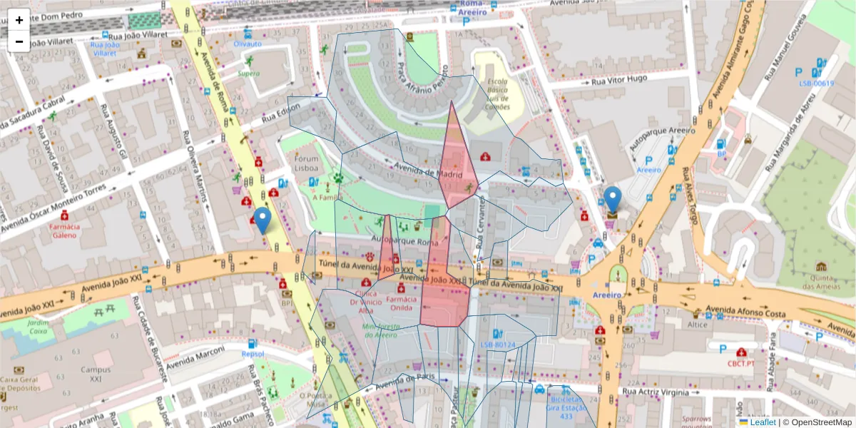 Mapa detalhado do código postal 1000-298 com limites, códigos postais vizinhos e agências dos correios