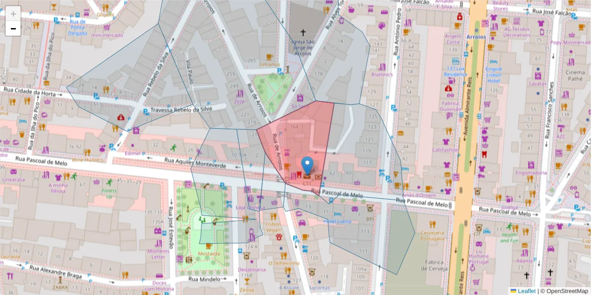Mapa detalhado do código postal 1000-999 com limites, códigos postais vizinhos e agências dos correios