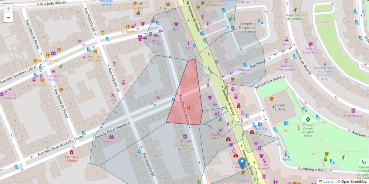 Mapa detalhado do código postal 1000 com limites, códigos postais vizinhos e agências dos correios