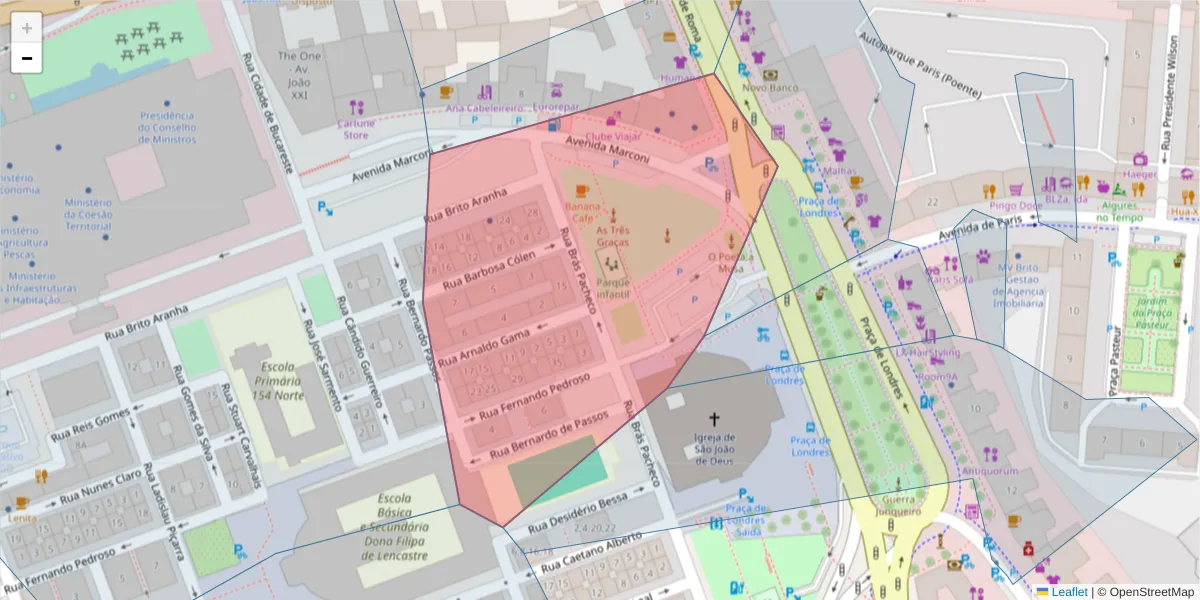 Mapa detalhado do código postal 1049-056 com limites, códigos postais vizinhos e agências dos correios