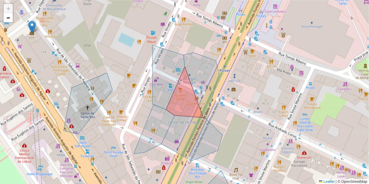 Mapa detalhado do código postal 1050-008 com limites, códigos postais vizinhos e agências dos correios