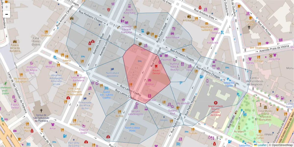 Mapa detalhado do código postal 1050-010 com limites, códigos postais vizinhos e agências dos correios
