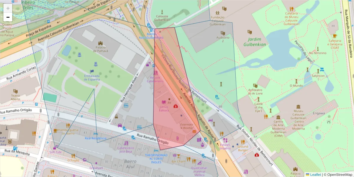 Mapa detalhado do código postal 1050-014 com limites, códigos postais vizinhos e agências dos correios