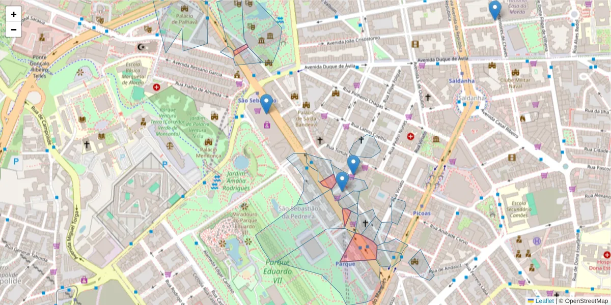 Mapa detalhado do código postal 1050-016 com limites, códigos postais vizinhos e agências dos correios