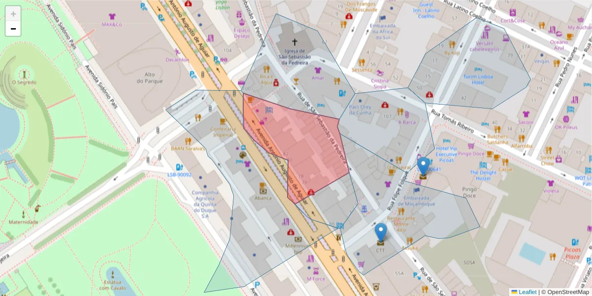 Mapa detalhado do código postal 1050-018 com limites, códigos postais vizinhos e agências dos correios
