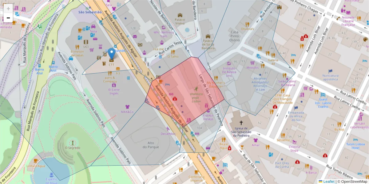 Mapa detalhado do código postal 1050-019 com limites, códigos postais vizinhos e agências dos correios
