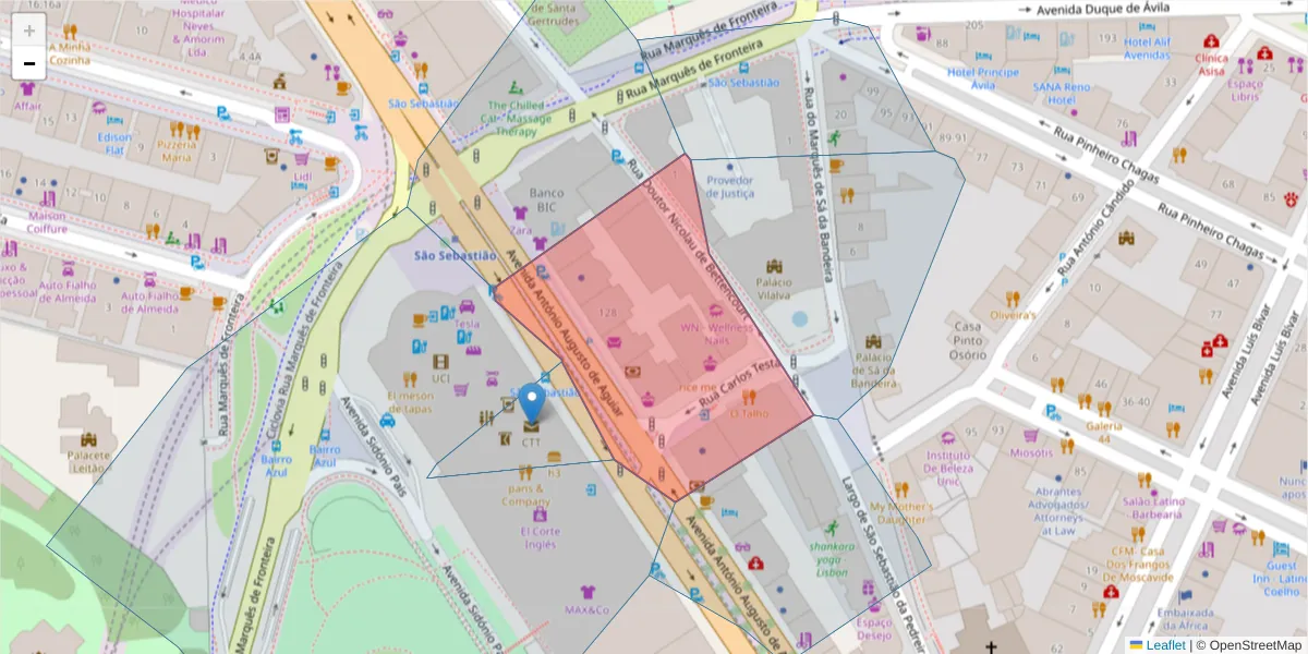 Mapa detalhado do código postal 1050-020 com limites, códigos postais vizinhos e agências dos correios