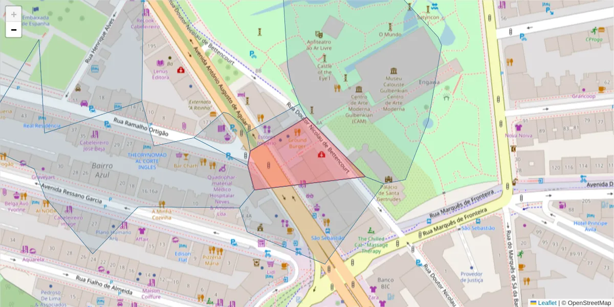 Mapa detalhado do código postal 1050-021 com limites, códigos postais vizinhos e agências dos correios
