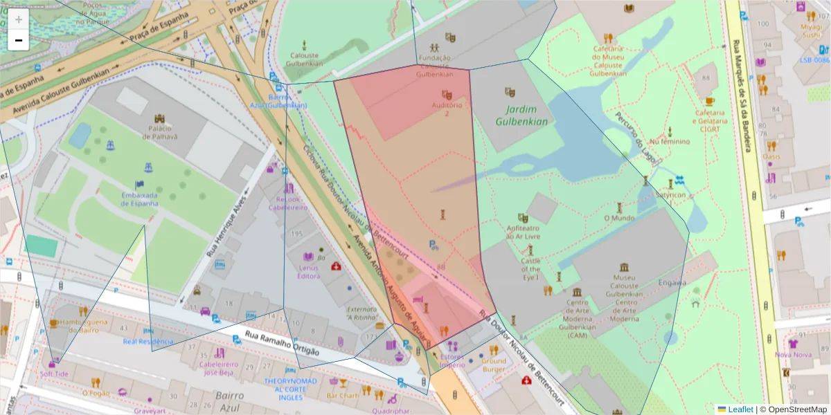 Mapa detalhado do código postal 1050-022 com limites, códigos postais vizinhos e agências dos correios