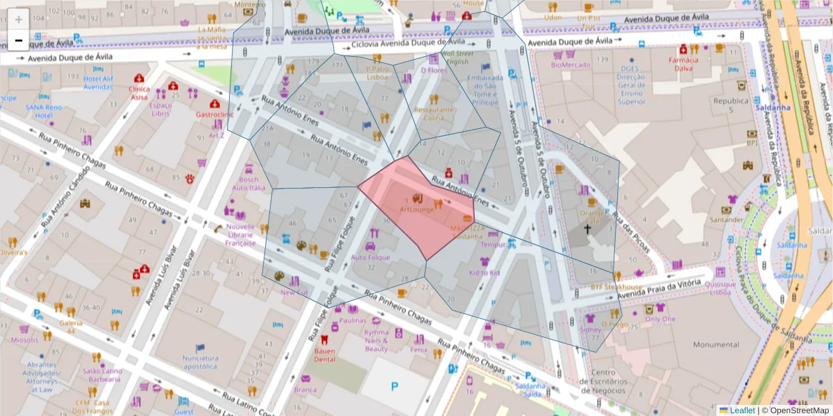 Mapa detalhado do código postal 1050-023 com limites, códigos postais vizinhos e agências dos correios