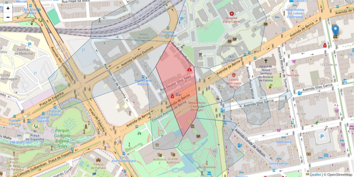 Mapa detalhado do código postal 1050-042 com limites, códigos postais vizinhos e agências dos correios