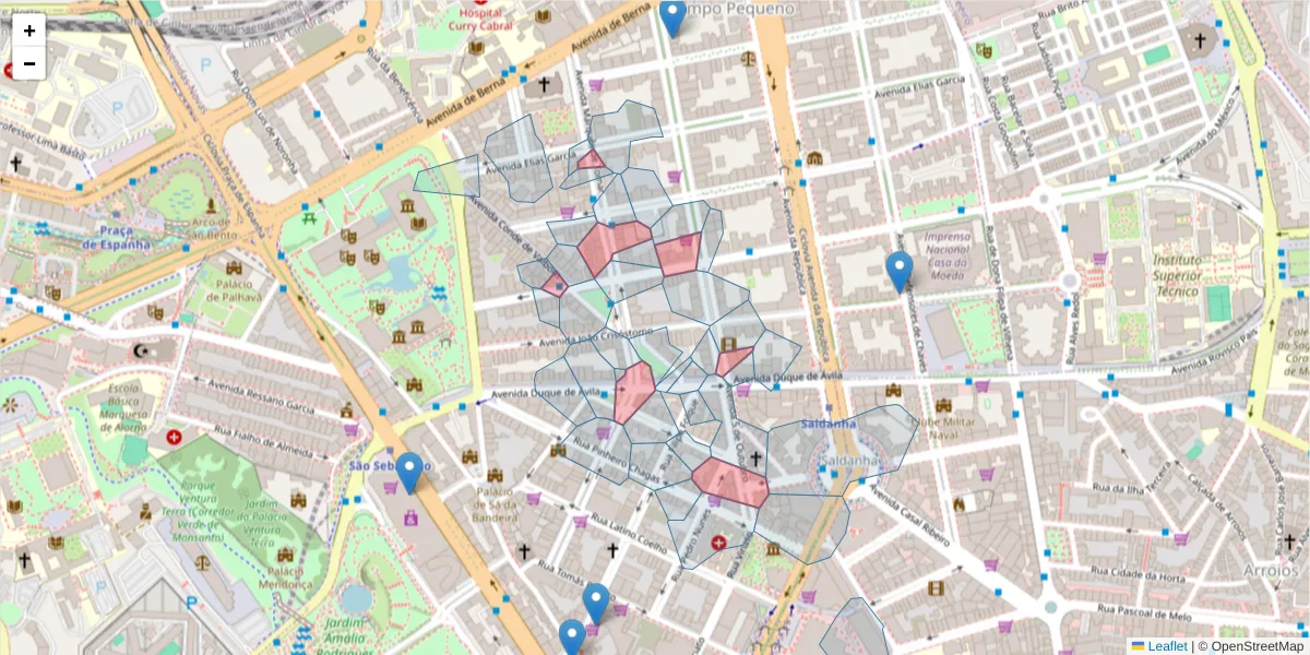 Mapa detalhado do código postal 1050-053 com limites, códigos postais vizinhos e agências dos correios