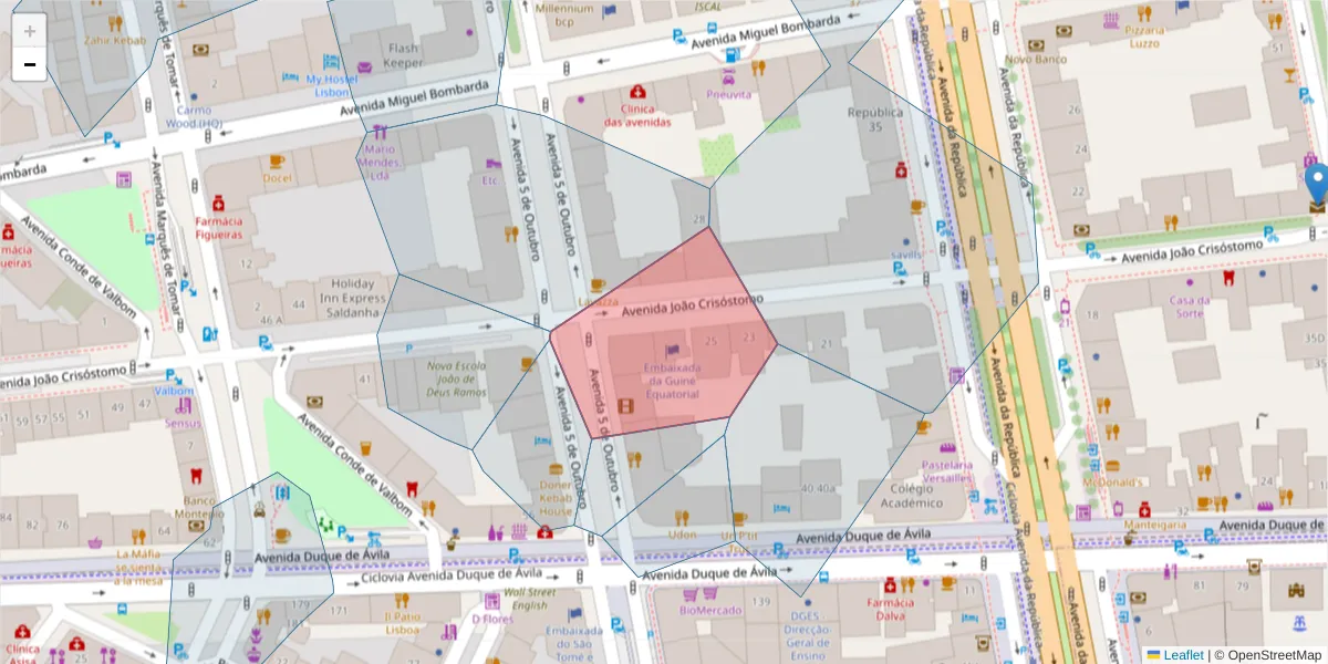 Mapa detalhado do código postal 1050-057 com limites, códigos postais vizinhos e agências dos correios
