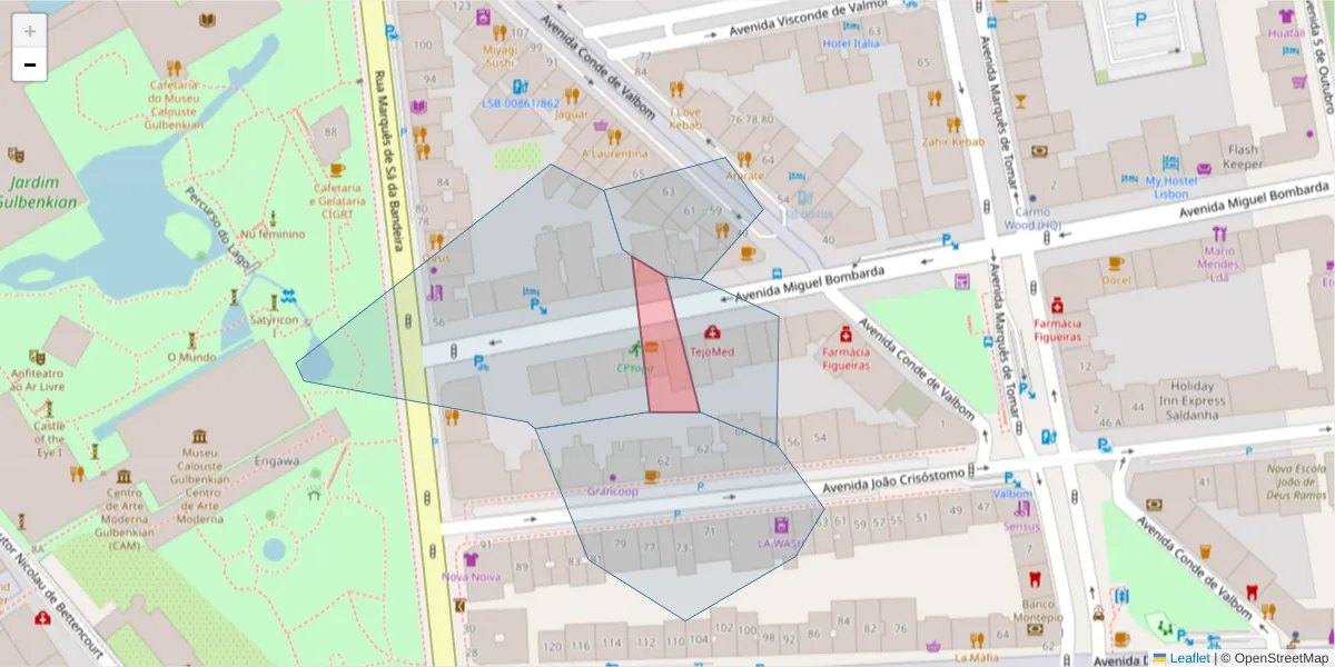 Mapa detalhado do código postal 1050-066 com limites, códigos postais vizinhos e agências dos correios