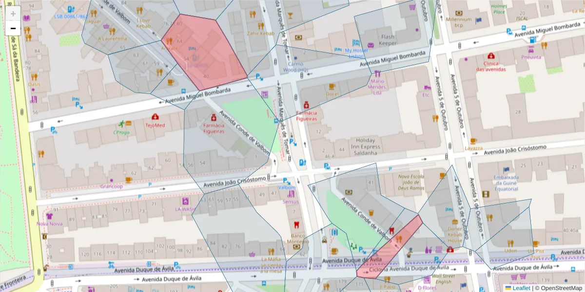 Mapa detalhado do código postal 1050-069 com limites, códigos postais vizinhos e agências dos correios