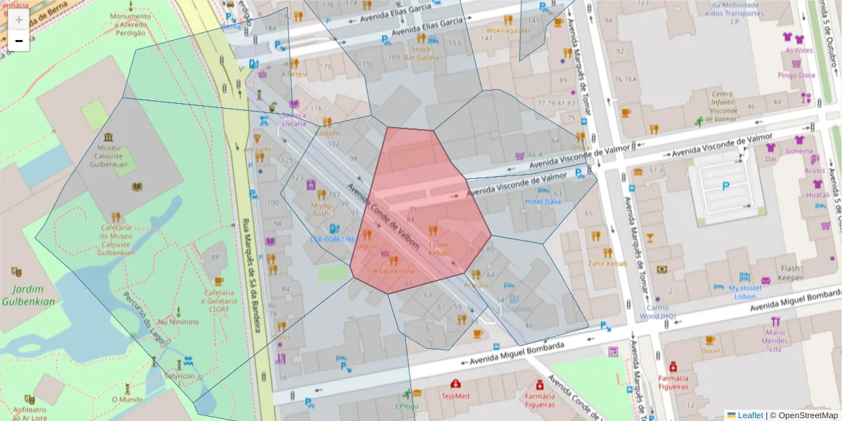 Mapa detalhado do código postal 1050-070 com limites, códigos postais vizinhos e agências dos correios