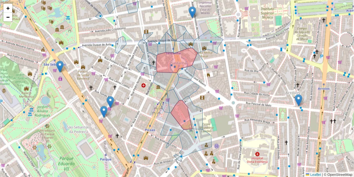 Mapa detalhado do código postal 1050-094 com limites, códigos postais vizinhos e agências dos correios