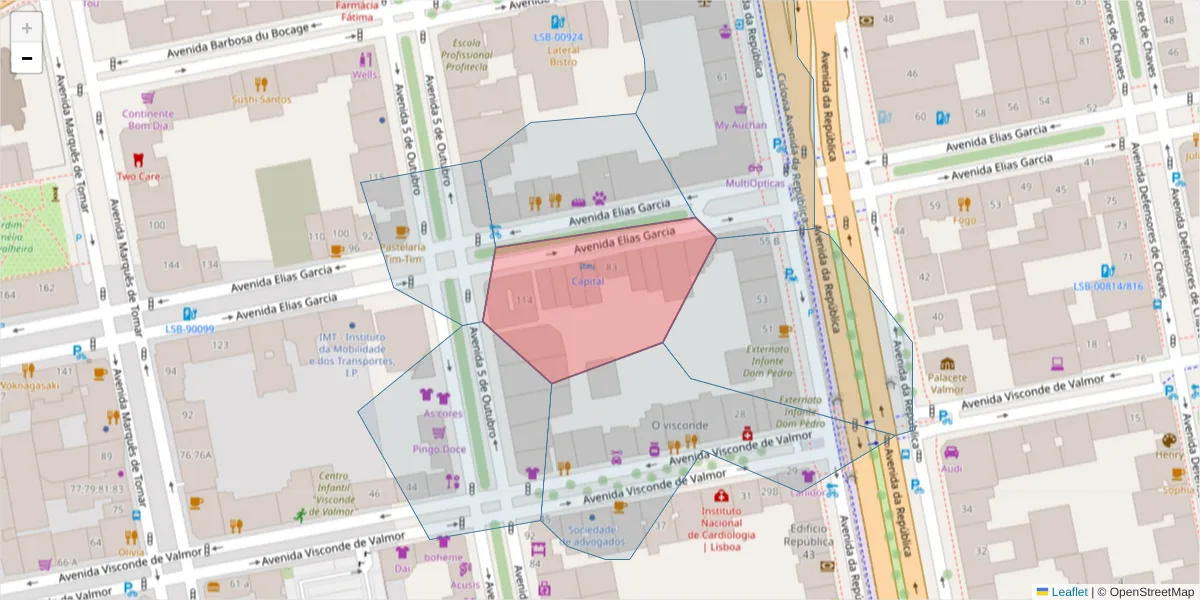 Mapa detalhado do código postal 1050-097 com limites, códigos postais vizinhos e agências dos correios