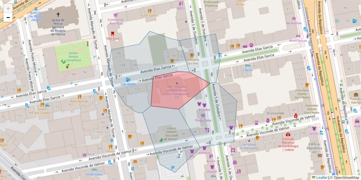 Mapa detalhado do código postal 1050-098 com limites, códigos postais vizinhos e agências dos correios