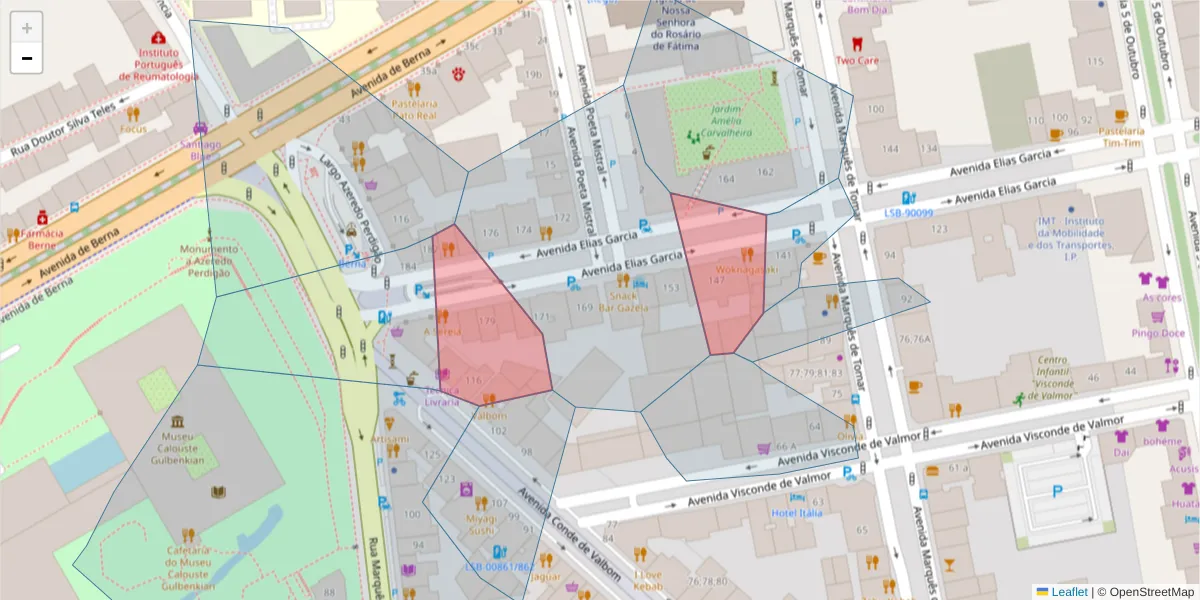 Mapa detalhado do código postal 1050-099 com limites, códigos postais vizinhos e agências dos correios