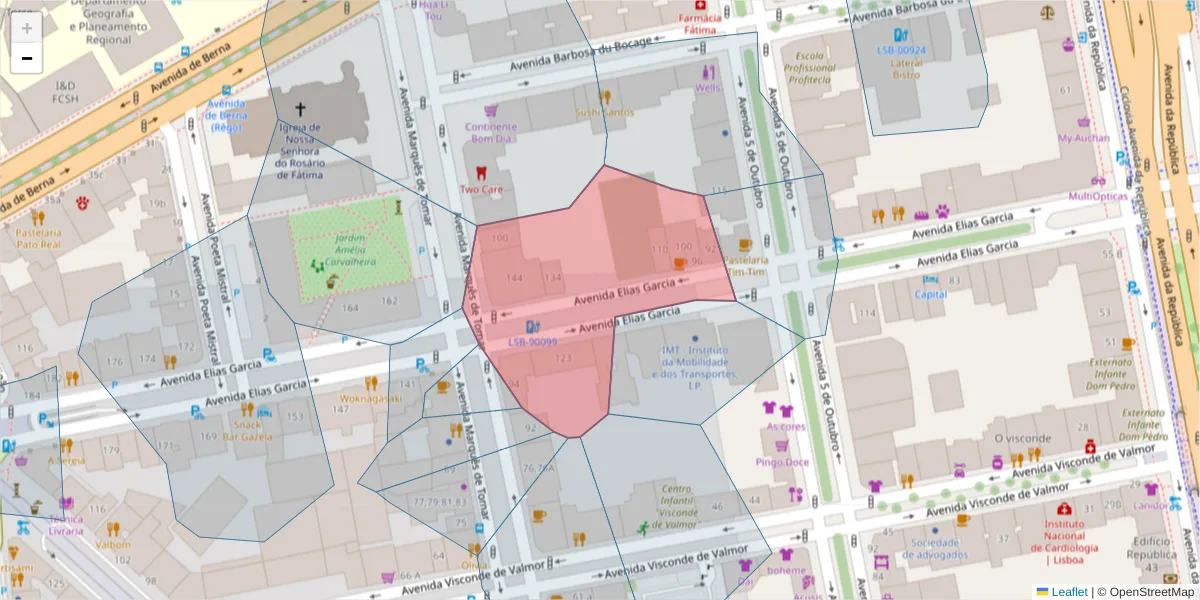 Mapa detalhado do código postal 1050-101 com limites, códigos postais vizinhos e agências dos correios