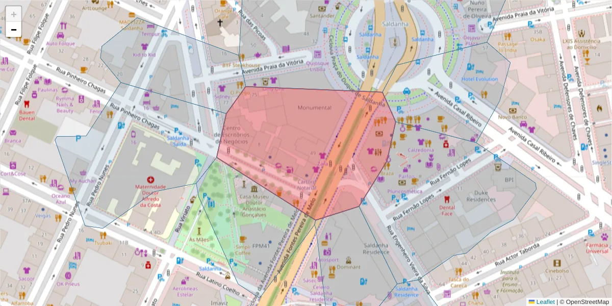 Mapa detalhado do código postal 1050-1010 com limites, códigos postais vizinhos e agências dos correios