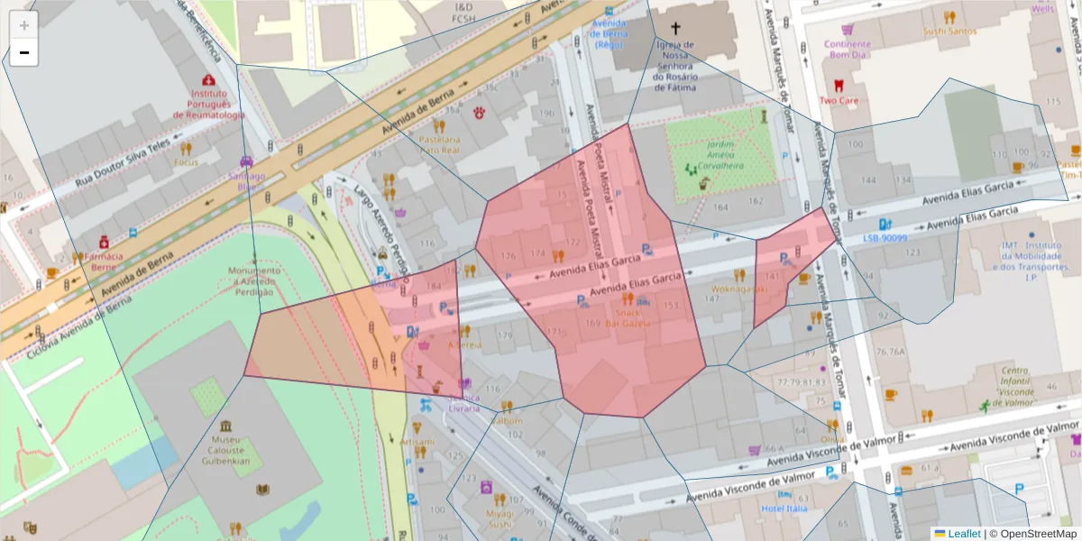 Mapa detalhado do código postal 1050-103 com limites, códigos postais vizinhos e agências dos correios