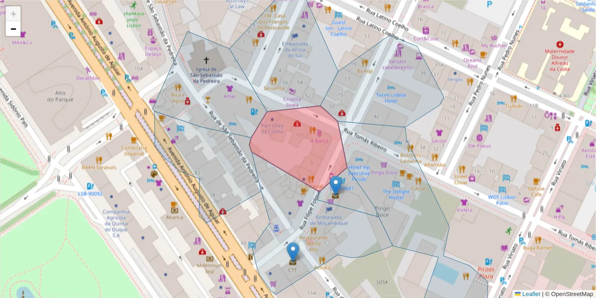 Mapa detalhado do código postal 1050-110 com limites, códigos postais vizinhos e agências dos correios