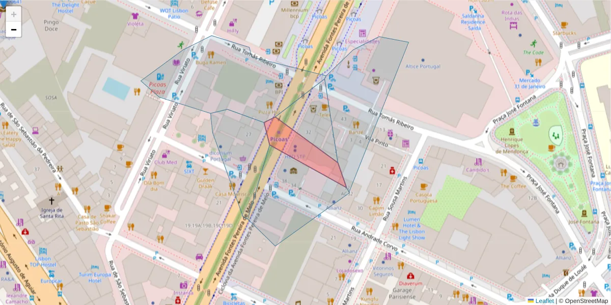 Mapa detalhado do código postal 1050-122 com limites, códigos postais vizinhos e agências dos correios