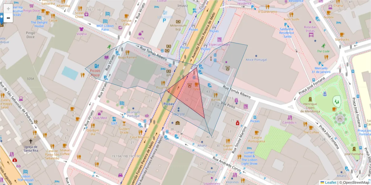 Mapa detalhado do código postal 1050-123 com limites, códigos postais vizinhos e agências dos correios