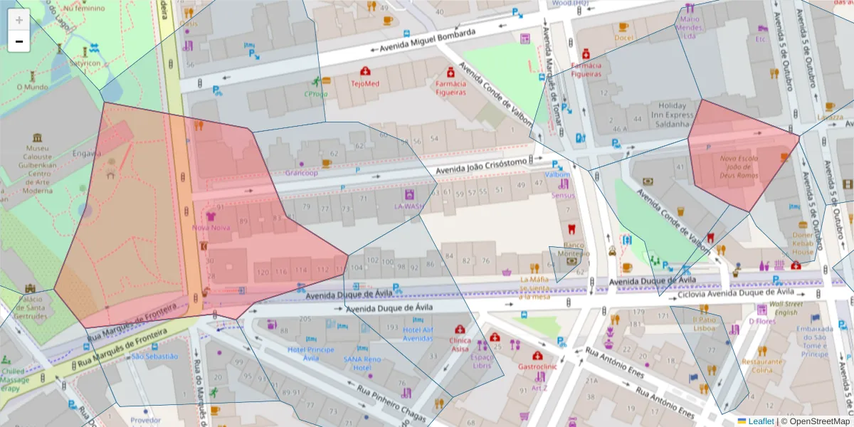 Mapa detalhado do código postal 1050-125 com limites, códigos postais vizinhos e agências dos correios