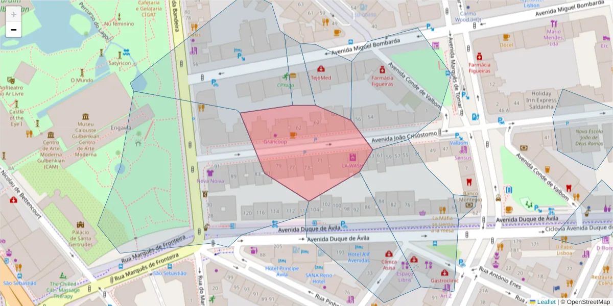 Mapa detalhado do código postal 1050-128 com limites, códigos postais vizinhos e agências dos correios