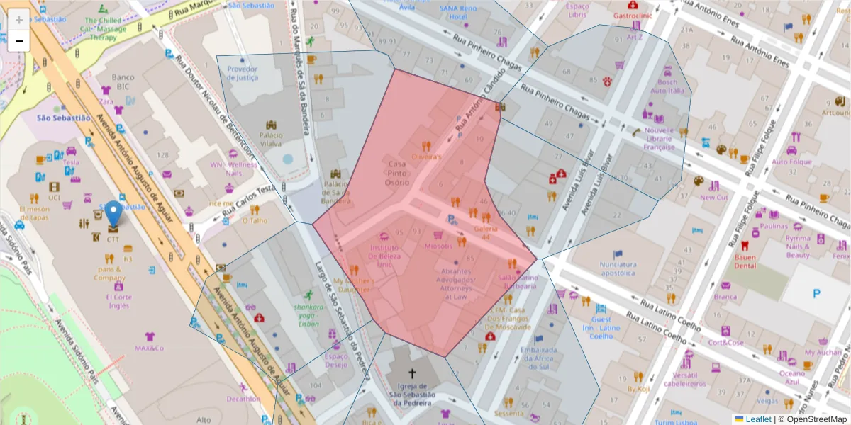 Mapa detalhado do código postal 1050-134 com limites, códigos postais vizinhos e agências dos correios